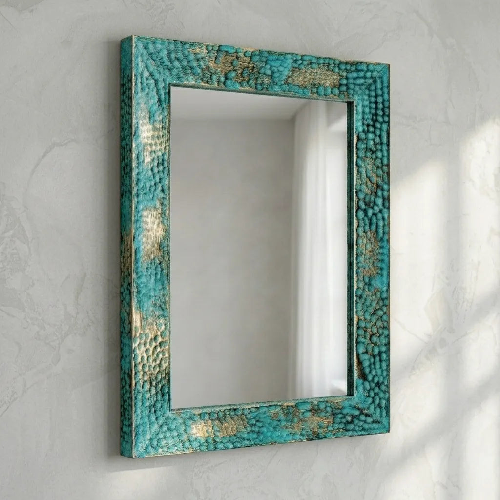 Turquoise Patina Copper Wall Mirror – Handmade Vanity Decor