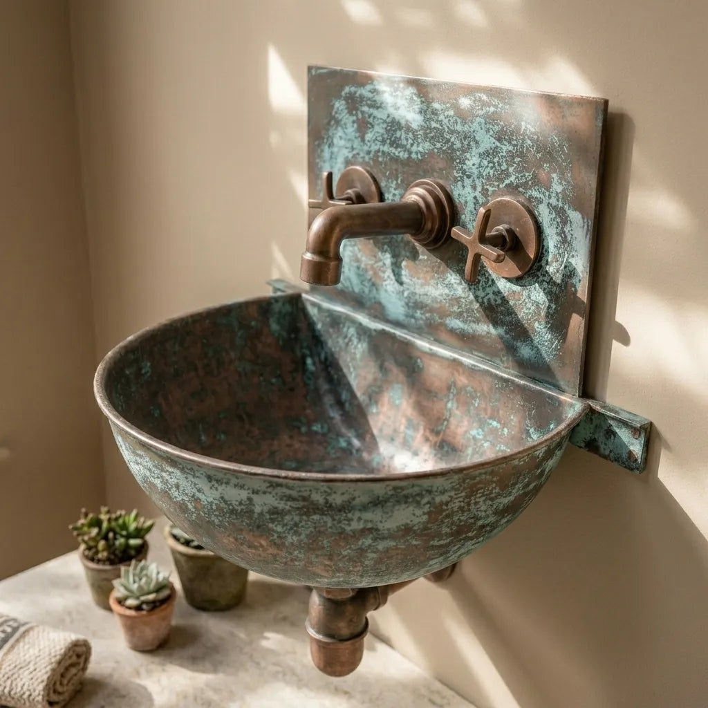 Verdigris Copper Wall Mount Sink with Vintage Cross Faucet