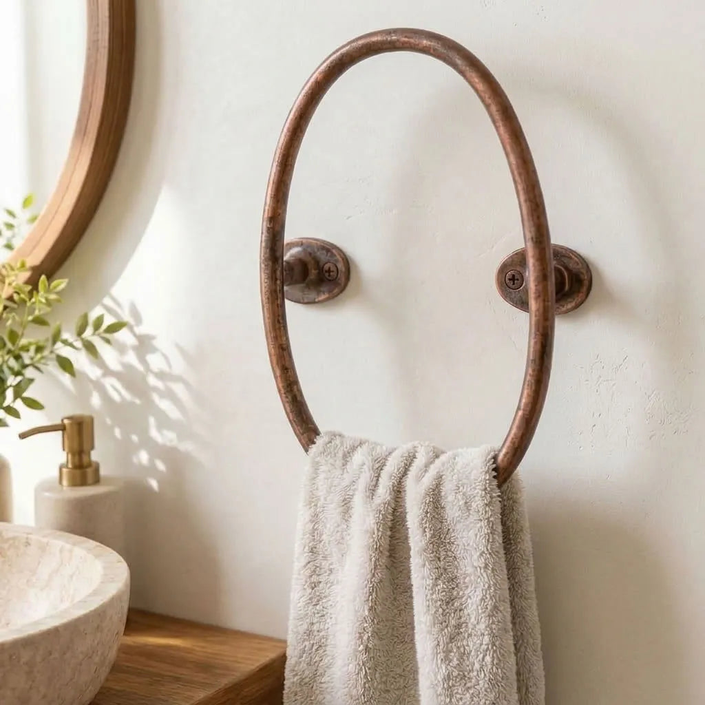 Aged Copper Oval Towel Holder for Rustic Bathroom Walls