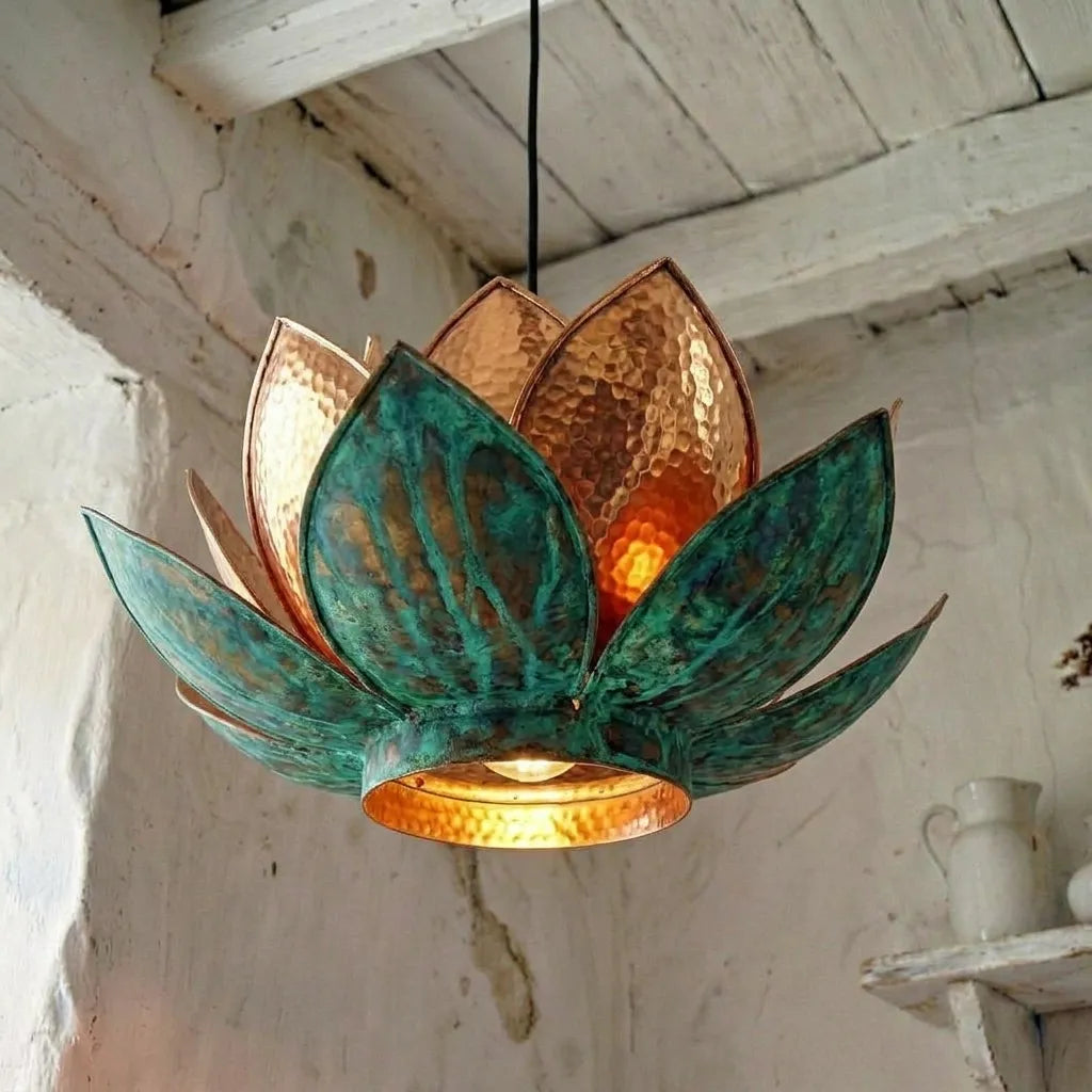 Handmade Hammered Copper Lotus Pendant Light with Verdigris Patina