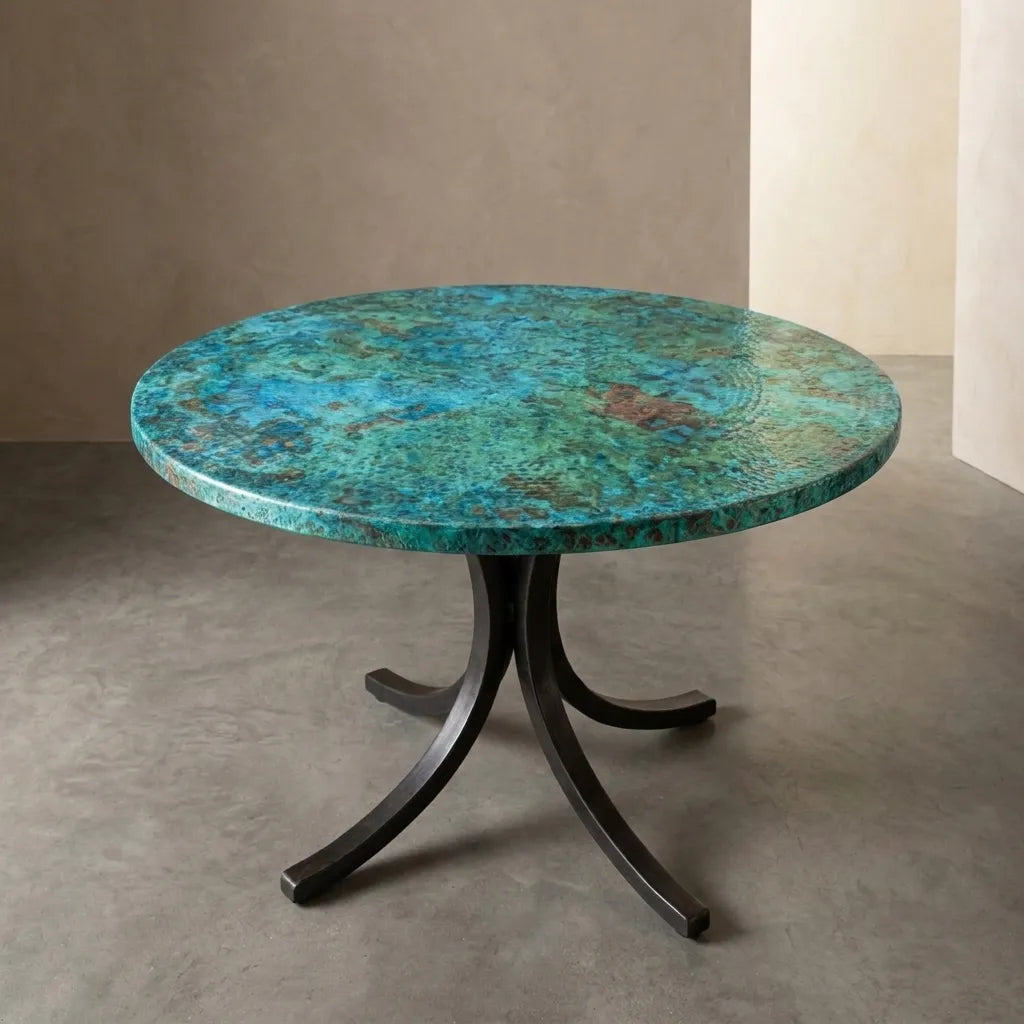 Verdigris Copper Coffee Table with Curved Artisan Base