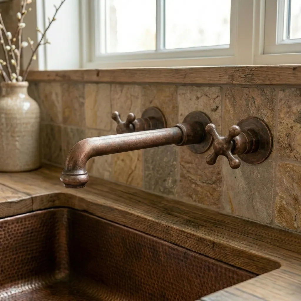 Vintage Copper Wall Tap – Farmhouse Cross Handle Faucet