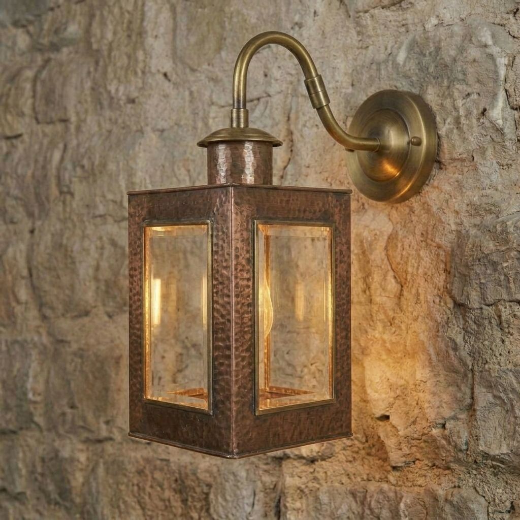 Handcrafted Copper Lantern Wall Sconce with Brass Gooseneck Arm