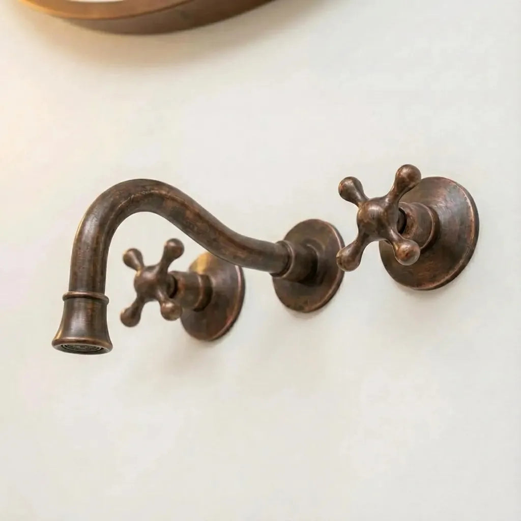 Aged Copper Wall Faucet with Vintage Cross Handles