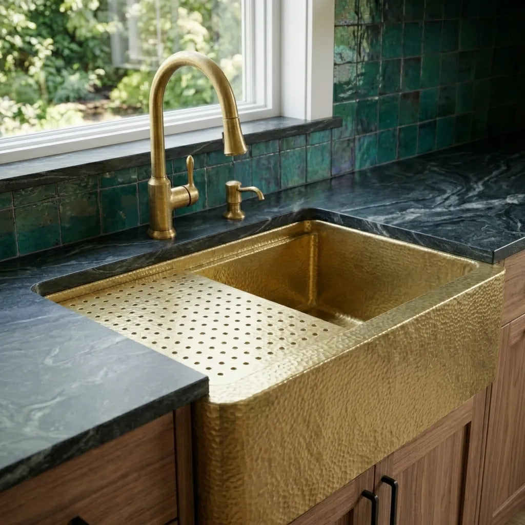 Handmade Hammered Unlacquered Brass Farmhouse Apron Kitchen Sink
