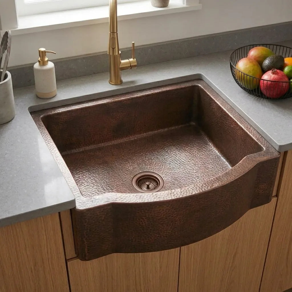 Curved Apron Patina Copper Farmhouse Kitchen Sink