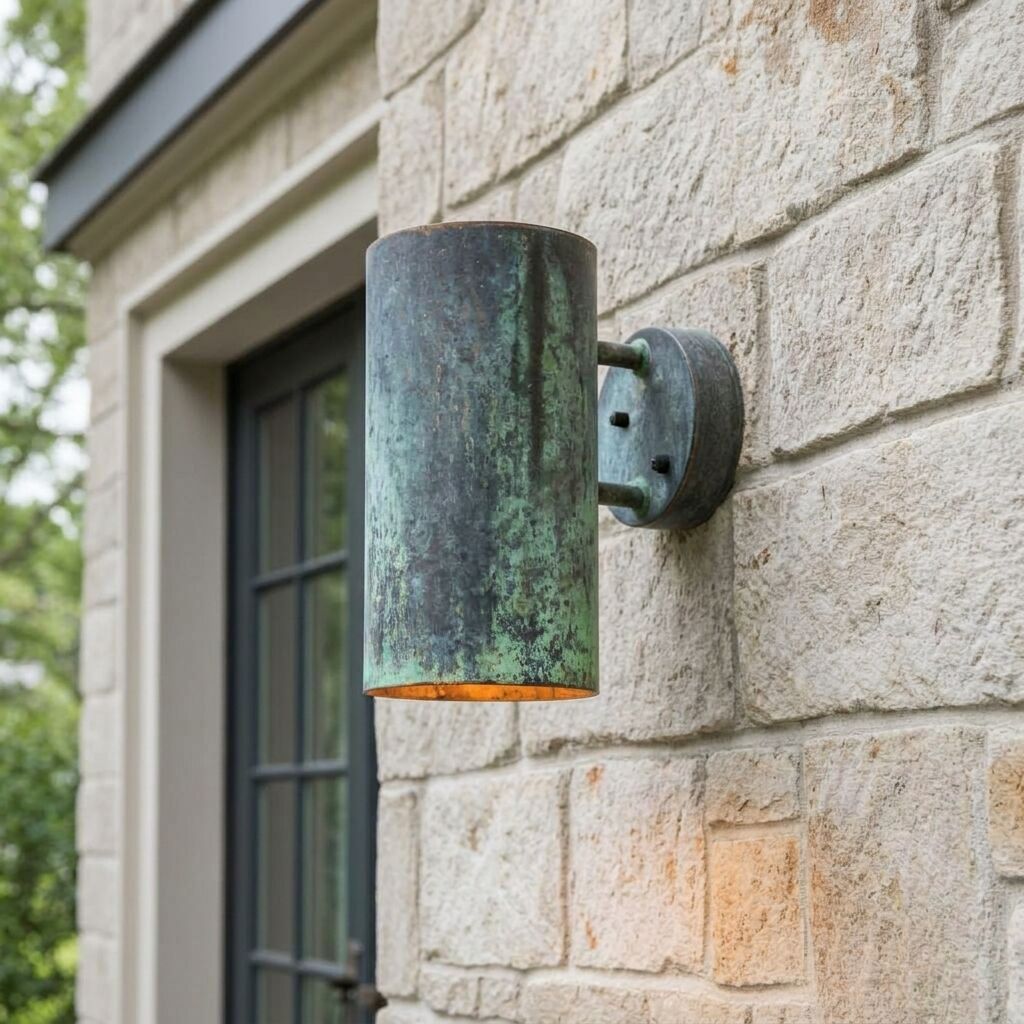 Handcrafted Verdigris Copper Outdoor Wall Sconce – Rustic Cylinder Light