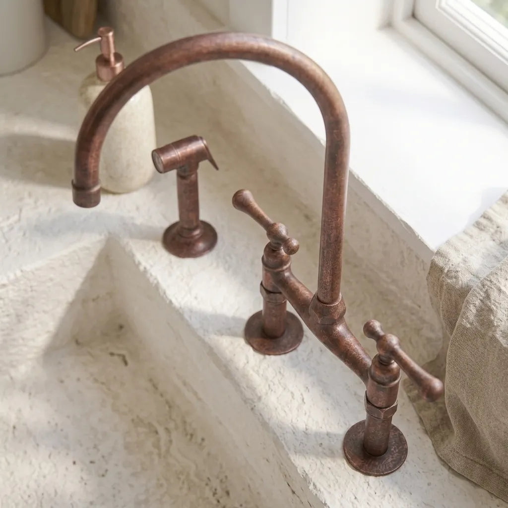 Aged Copper Bridge Kitchen Faucet with Side Sprayer