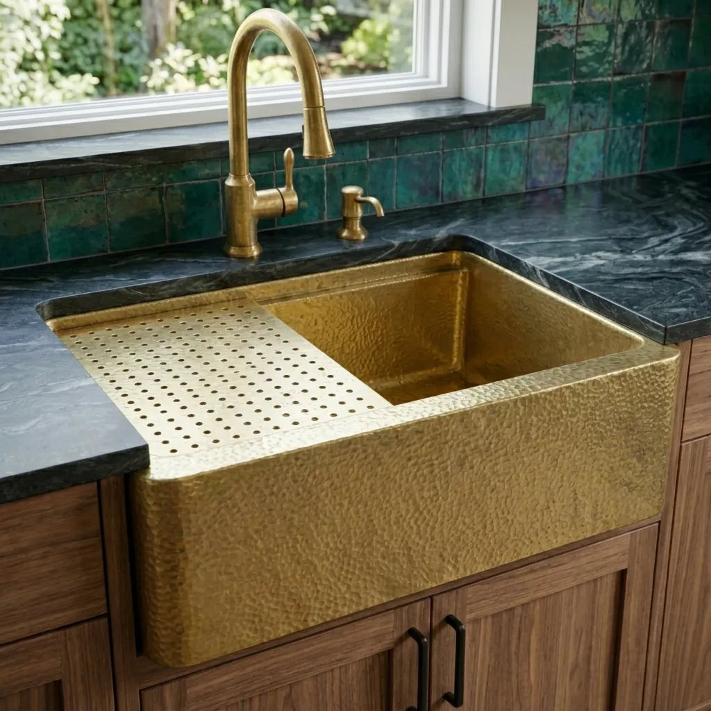 Handmade Hammered Unlacquered Brass Farmhouse Apron Kitchen Sink