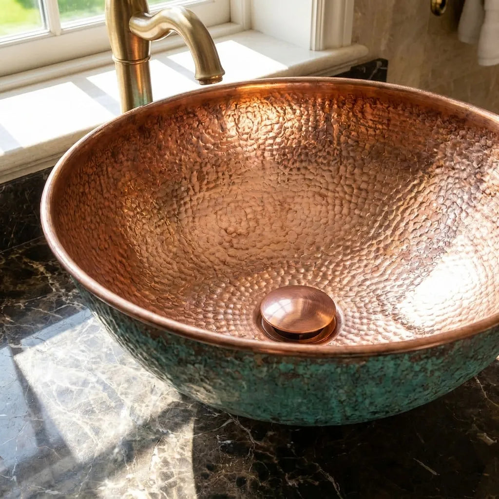 Copper Vessel Sink with Oxidized Finish – Round Hammered Bathroom Basin