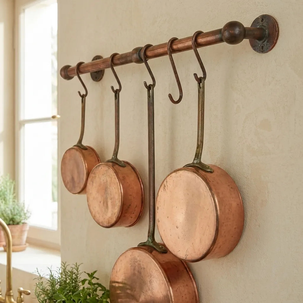 Rustic Copper Wall Pot Rail with S Hooks for Kitchen Storage