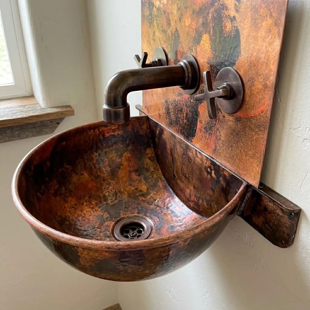 Wall Hung Copper Bathroom Sink with Faucet & Patina Finish