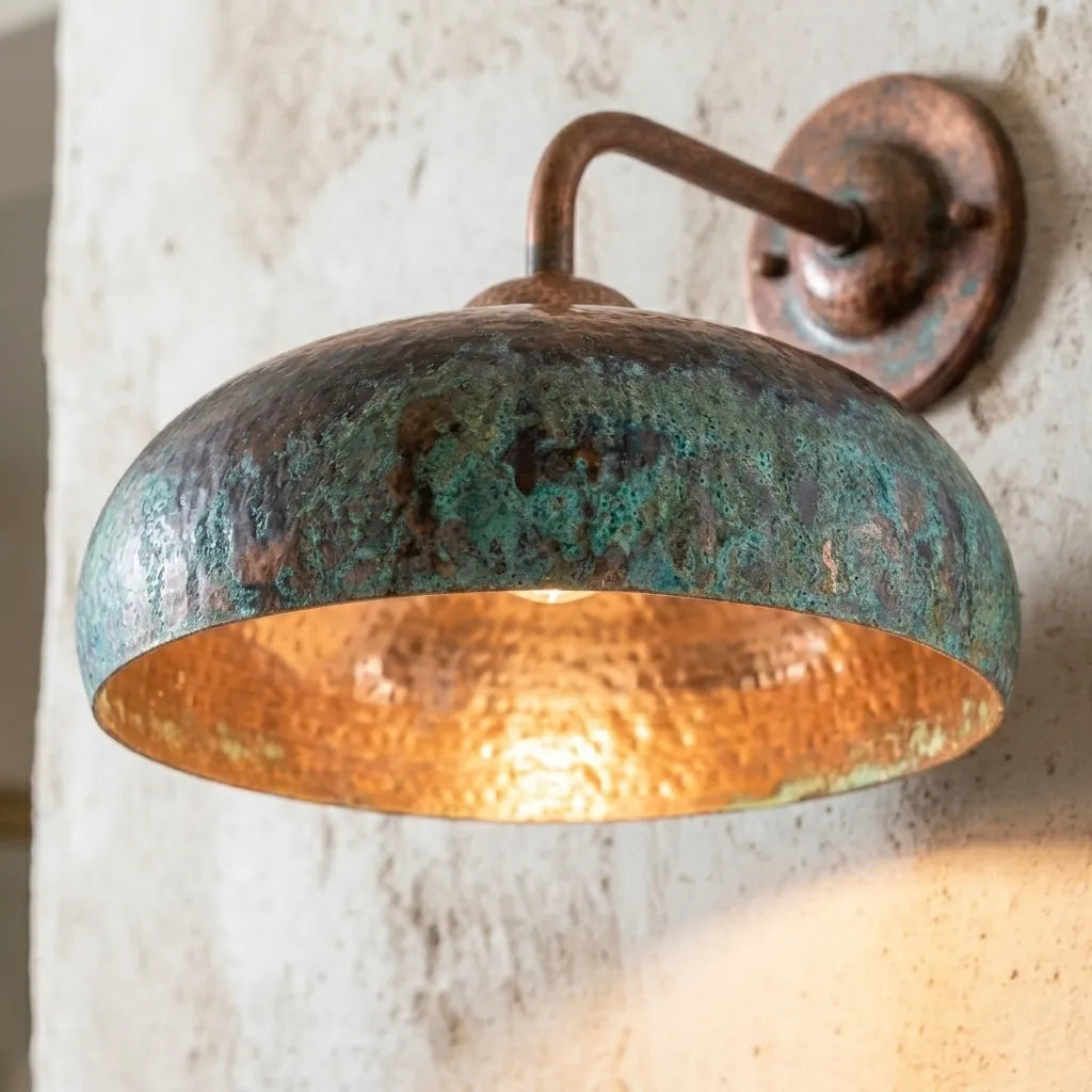 Aged Copper Gooseneck Sconce with Verdigris Dome