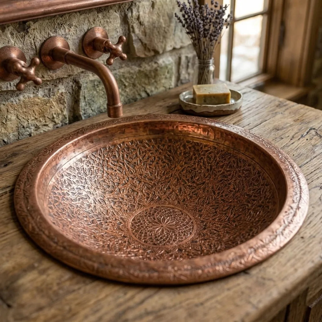 Handmade Hammered Copper Drop-In Bathroom Sink Basin