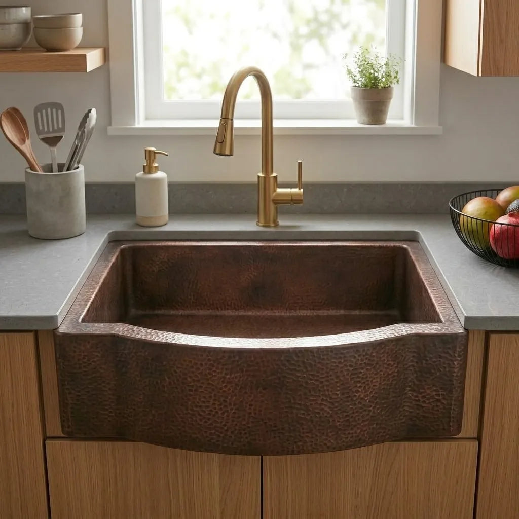Curved Apron Patina Copper Farmhouse Kitchen Sink