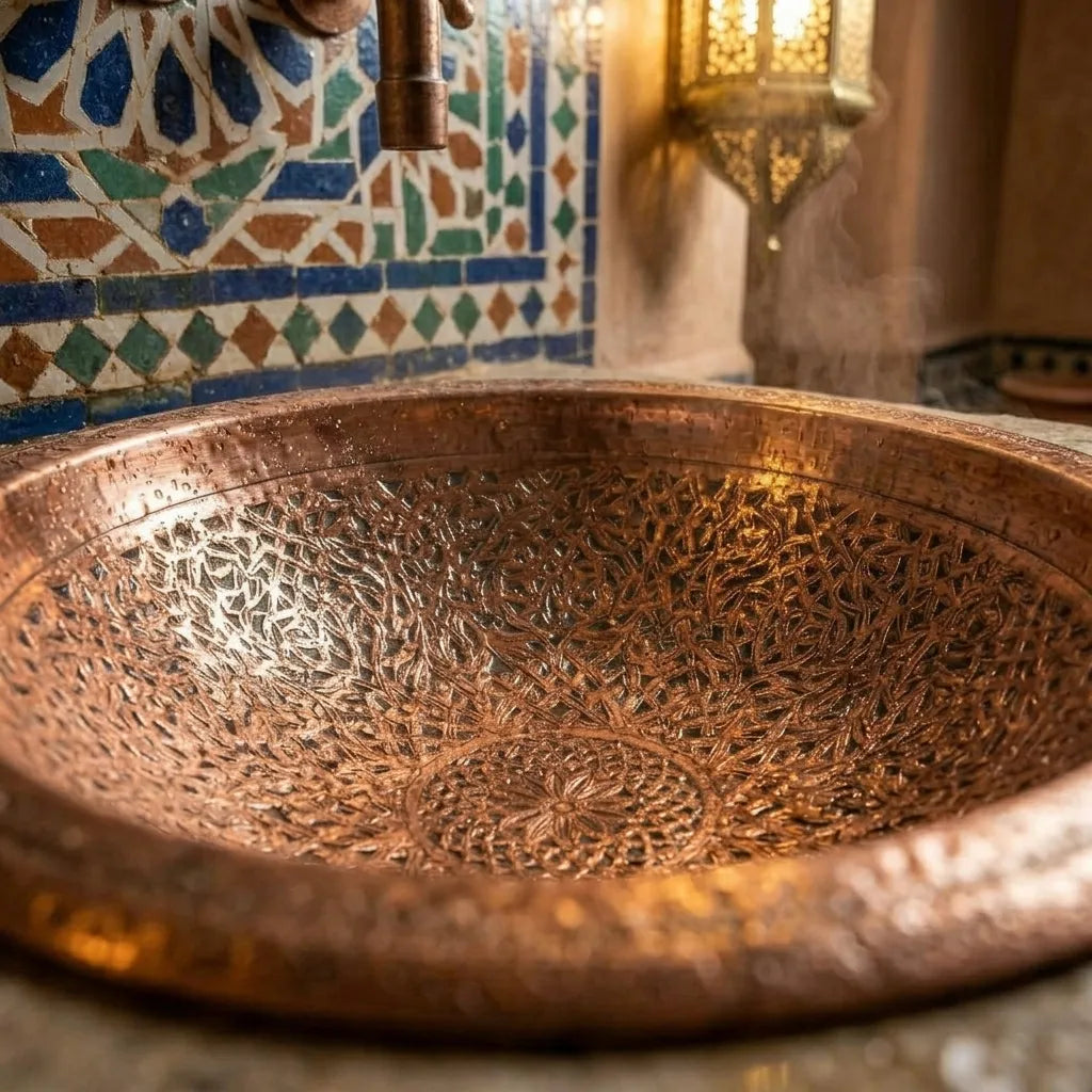 Engraved Copper Bathroom Sink – Moroccan Vanity Bowl