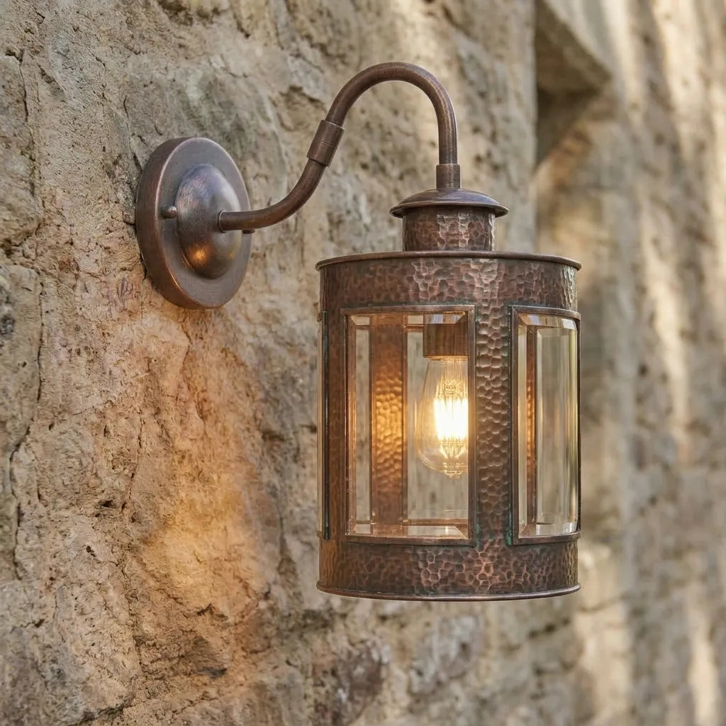 Aged Copper Outdoor Wall Lantern – Hammered Glass Sconce