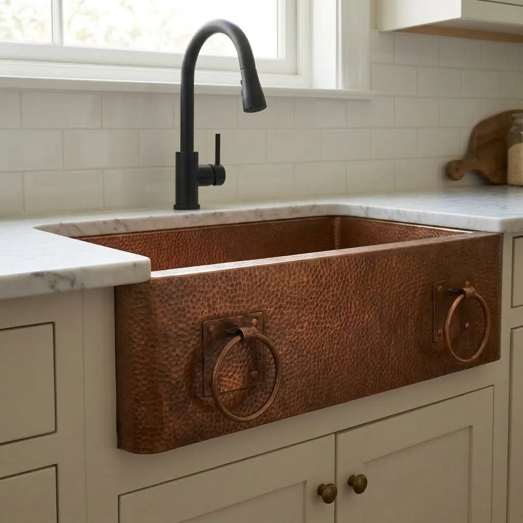 Copper Apron Front Kitchen Sink with Hammered Basin and Ring Detail