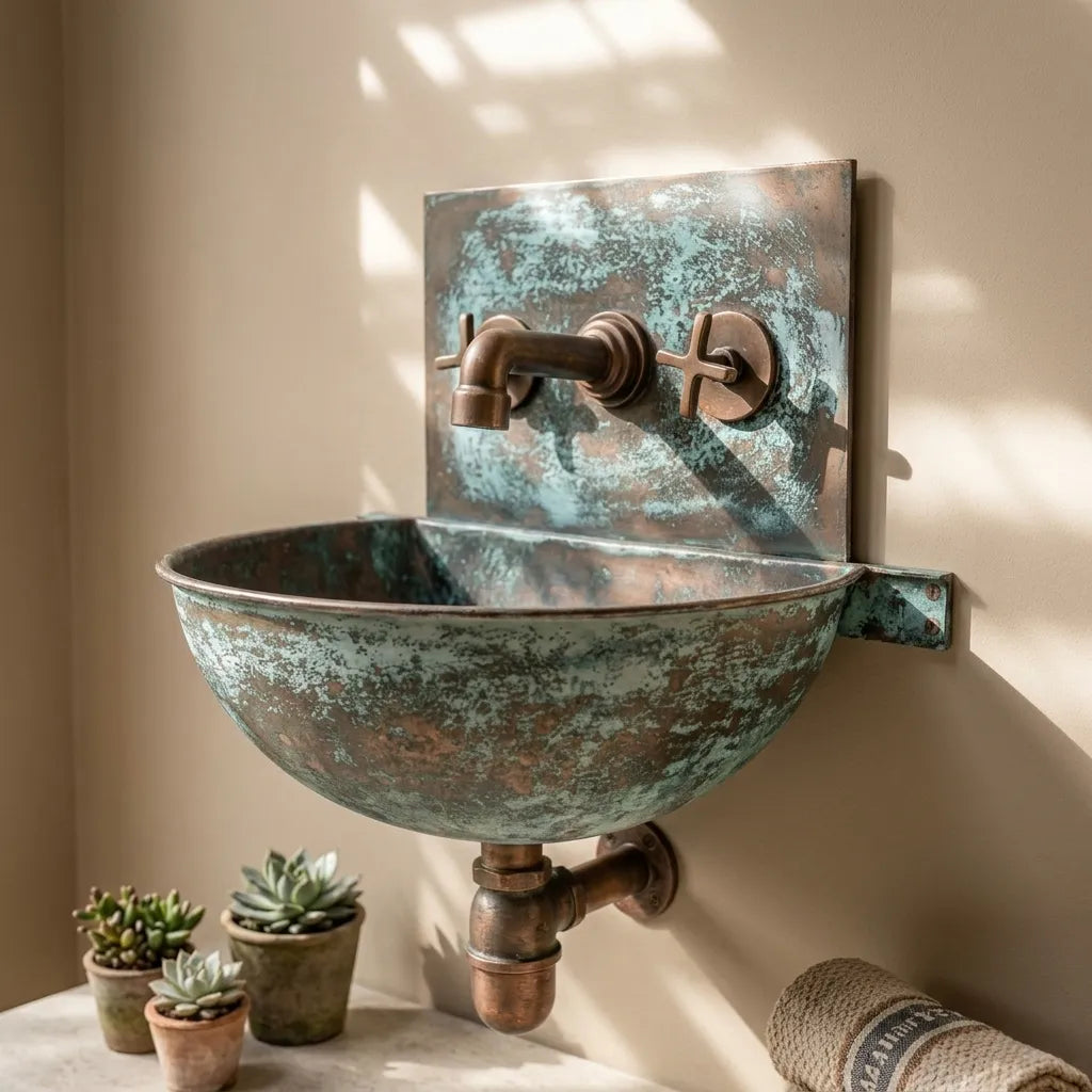 Verdigris Copper Wall Mount Sink with Vintage Cross Faucet