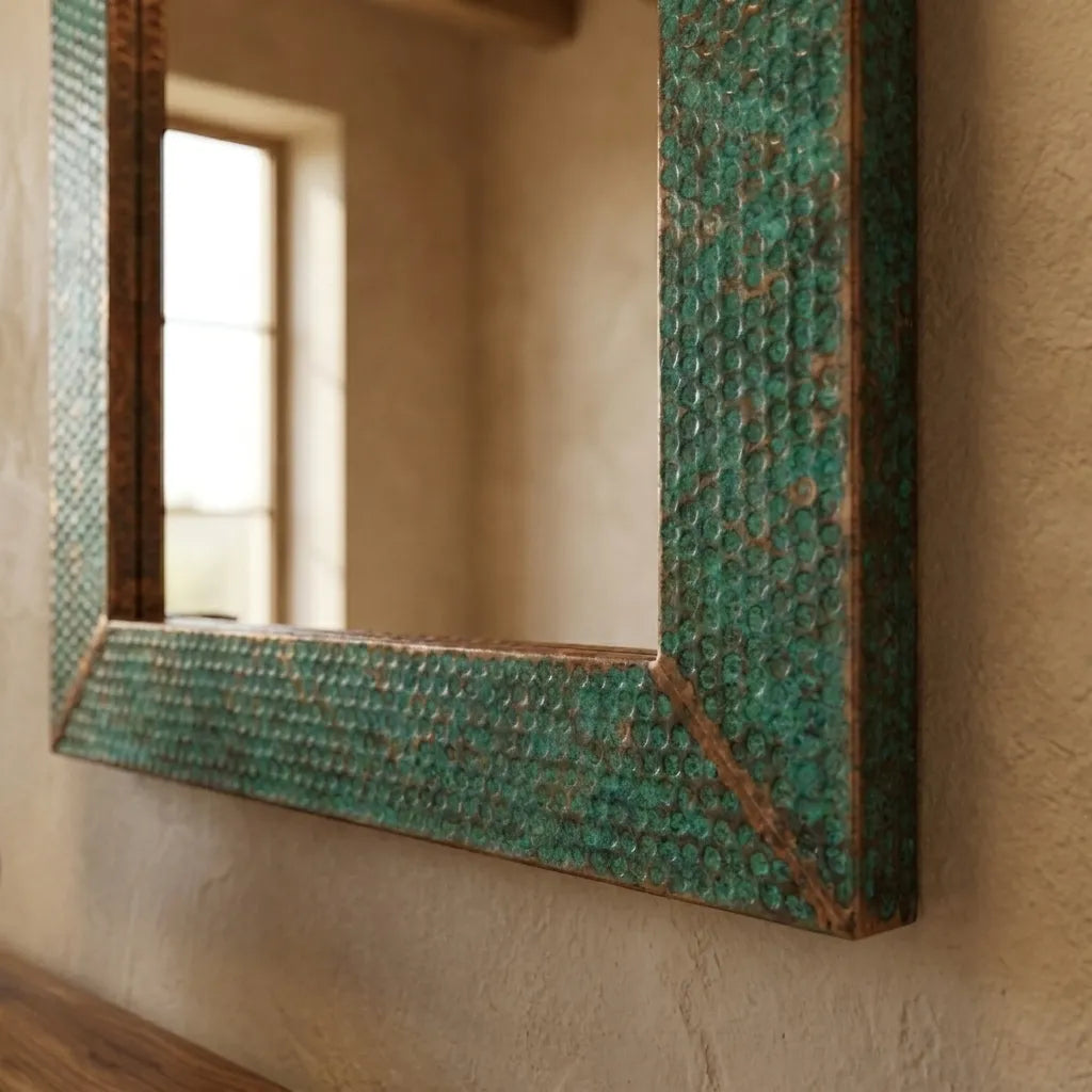 Verdigris Copper Wall Mirror – Rustic Hammered Vanity Decor