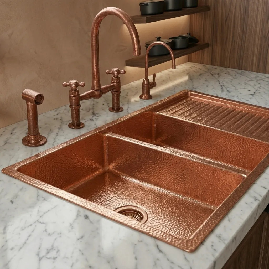 Hammered Copper Double Bowl Kitchen Sink with Built-In Drainboard