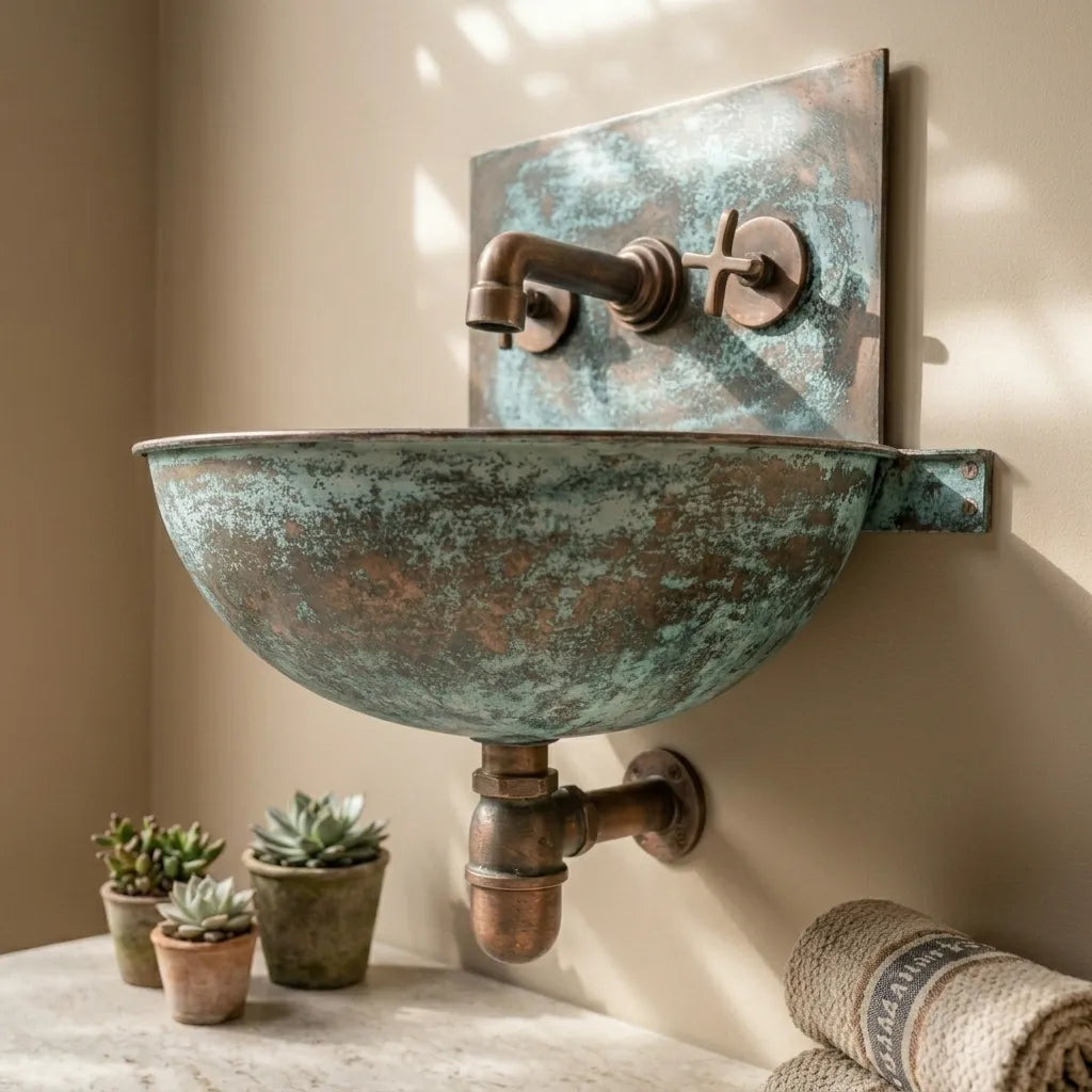 Verdigris Copper Wall Mount Sink with Vintage Cross Faucet