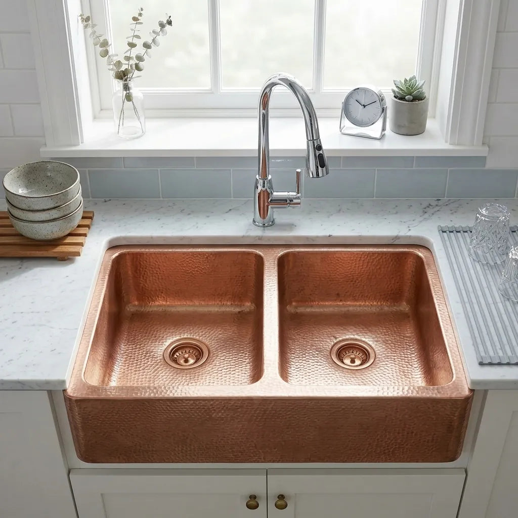 Artisan Hammered Double Bowl Copper Farmhouse Apron Front Kitchen Sink