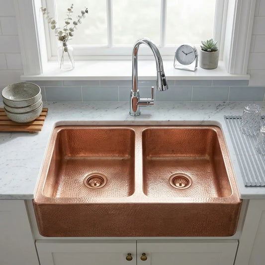 Artisan Hammered Double Bowl Copper Farmhouse Apron Front Kitchen Sink