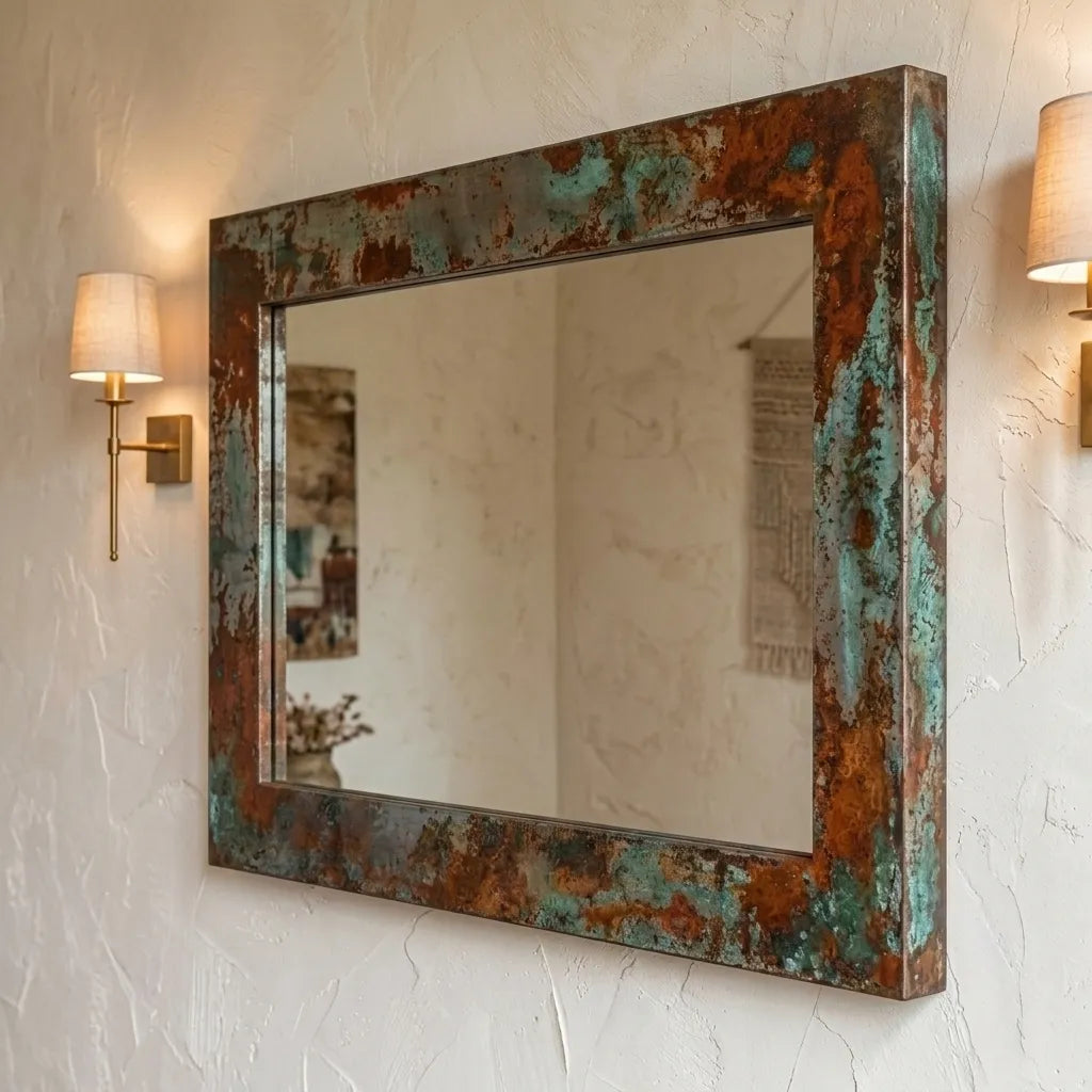 Oxidized Copper Wall Mirror – Rustic Verdigris Frame