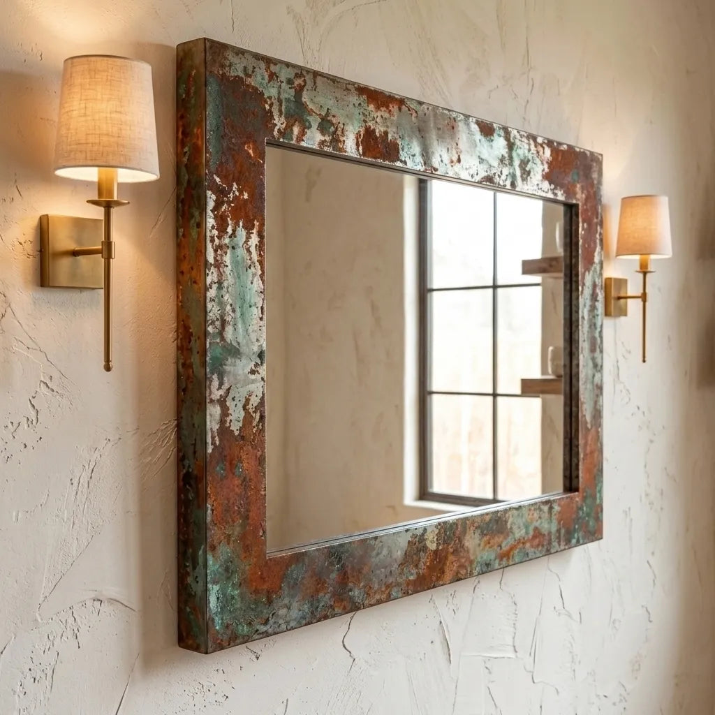 Oxidized Copper Wall Mirror – Rustic Verdigris Frame