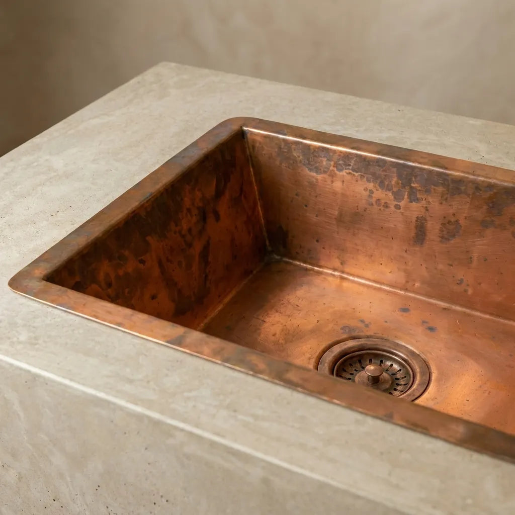 Handmade Rectangular Copper Vessel Sink for Rustic Bathrooms