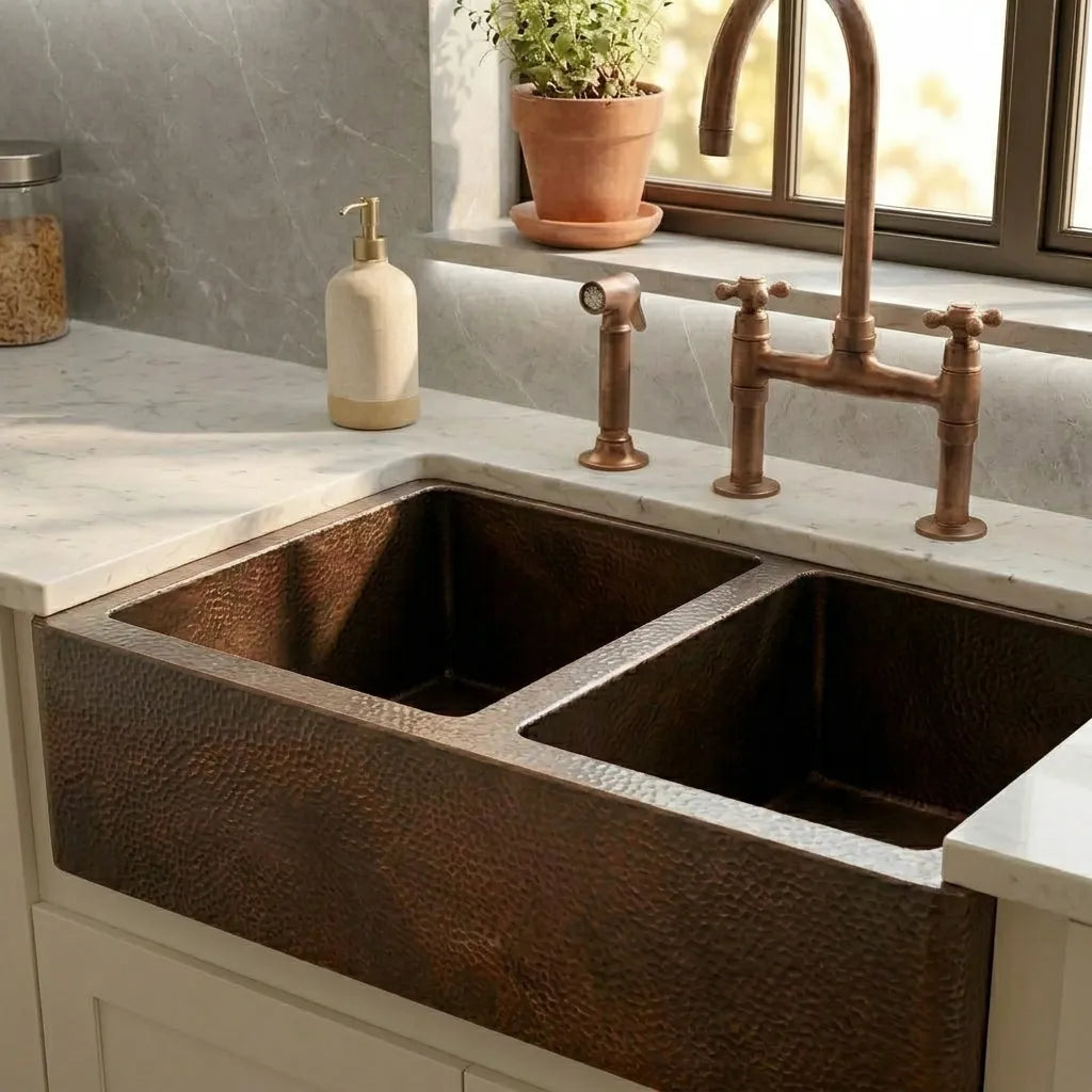 Hammered Copper Double Bowl Farmhouse Apron Kitchen Sink