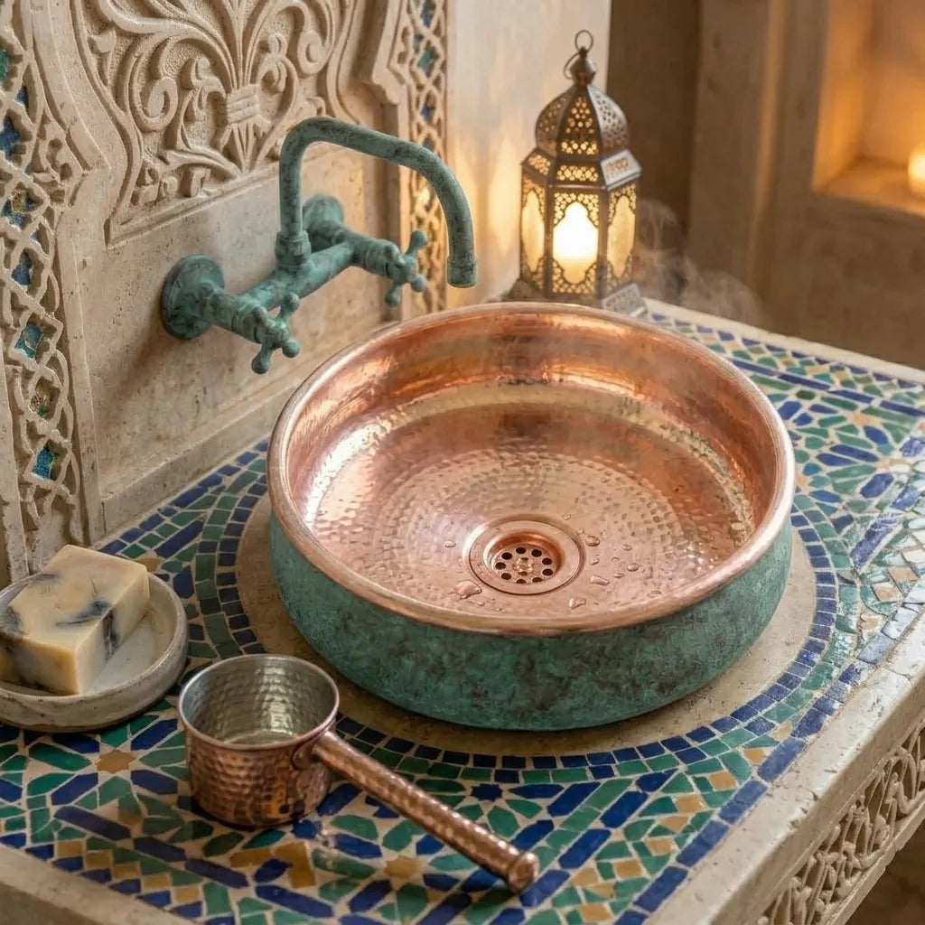 Verdigris Copper Vessel Sink – Round Moroccan Bathroom Basin