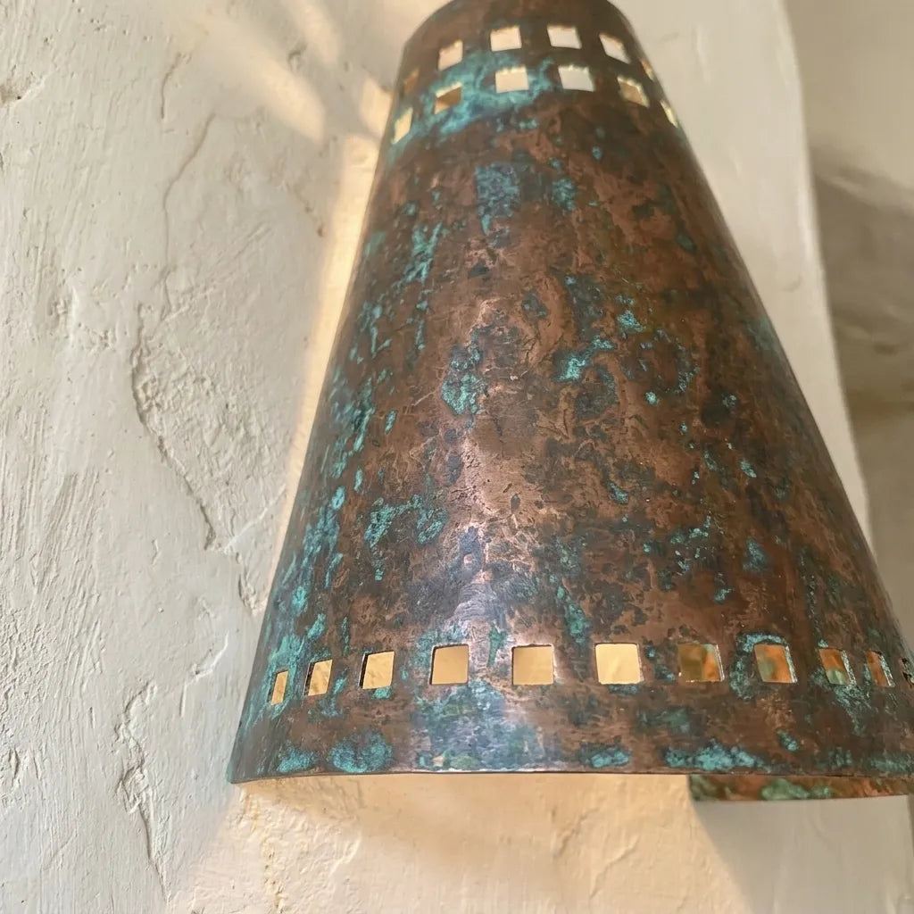 Verdigris Copper Cone Wall Sconce with Square Cutouts