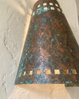 Verdigris Copper Cone Wall Sconce with Square Cutouts
