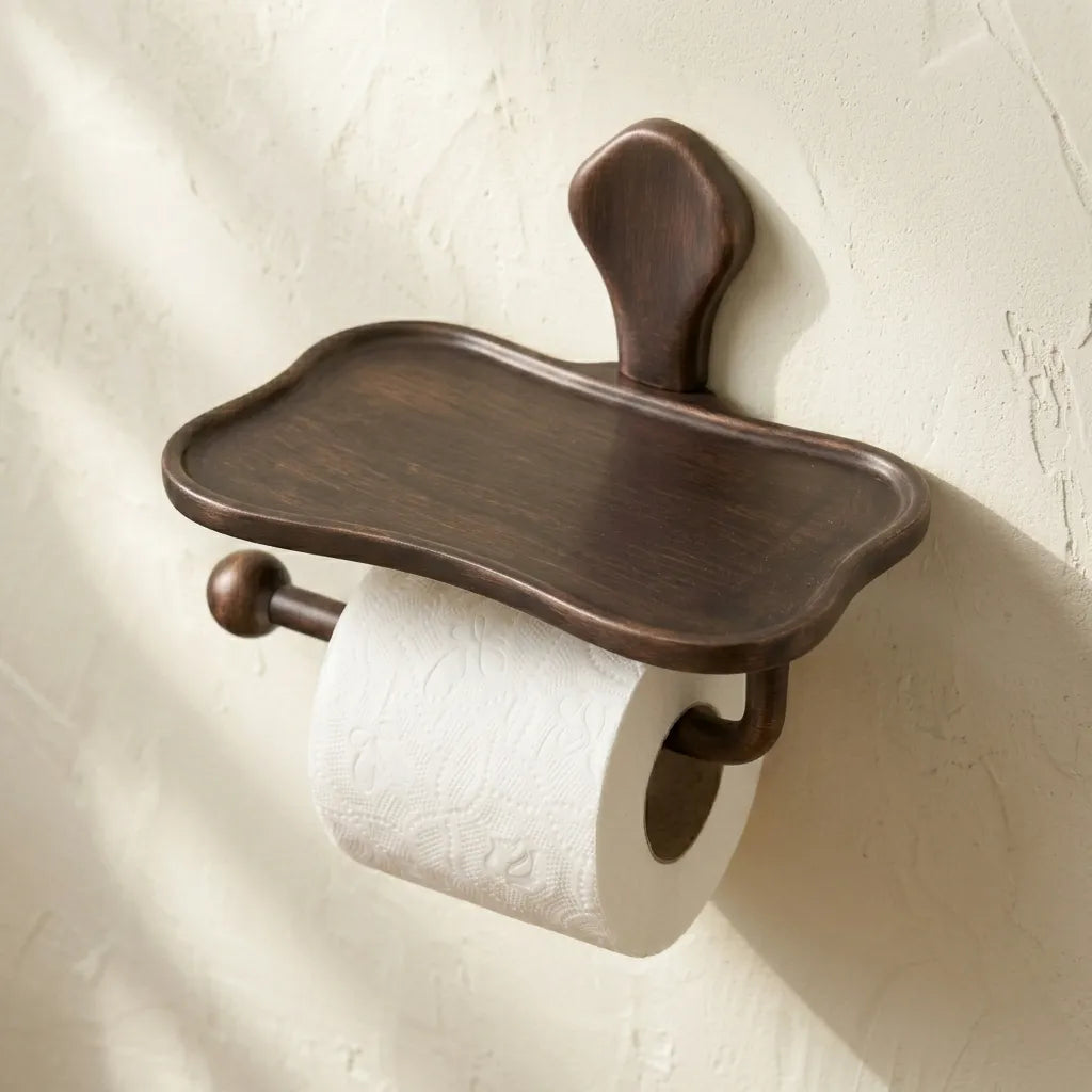 Aged Copper Toilet Paper Holder with Shelf – Wall Mounted