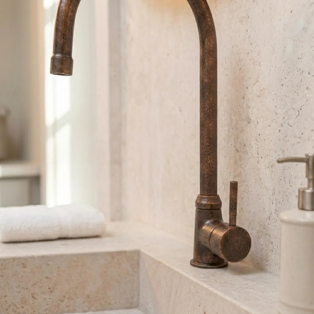 Rustic Solid Copper Vanity Faucet with Curved Spout