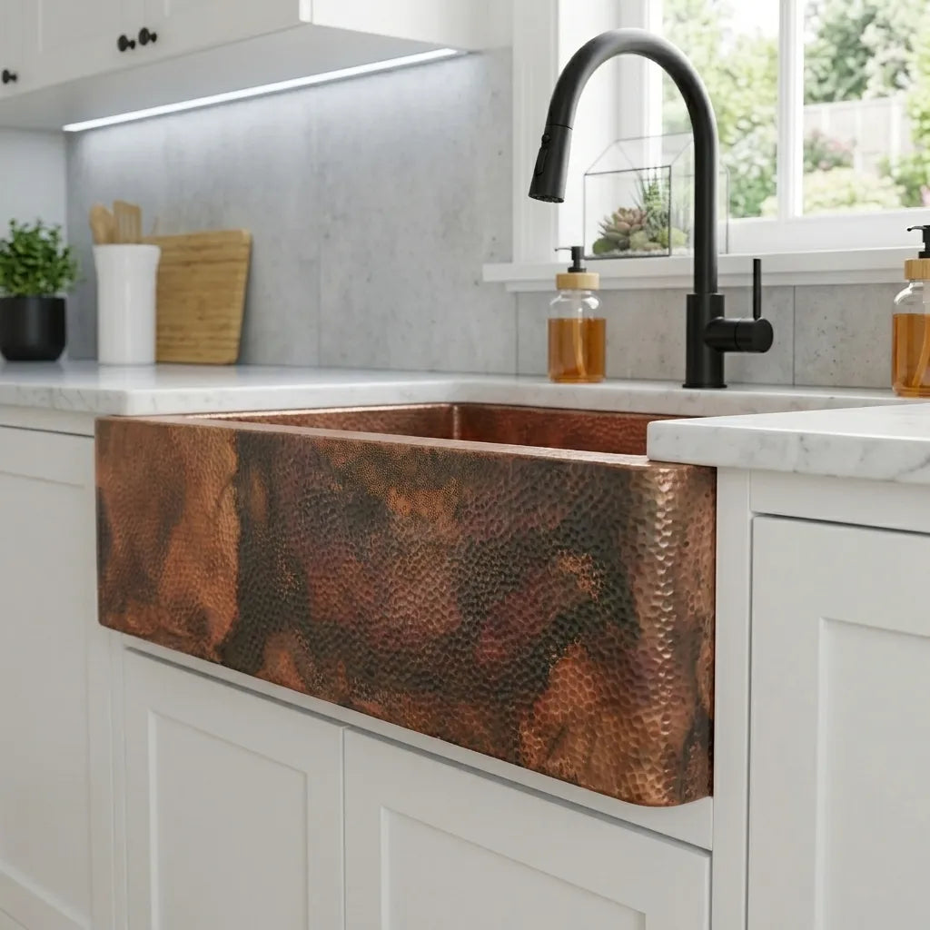 Solid Copper Farmhouse Kitchen Sink with Hammered Finish