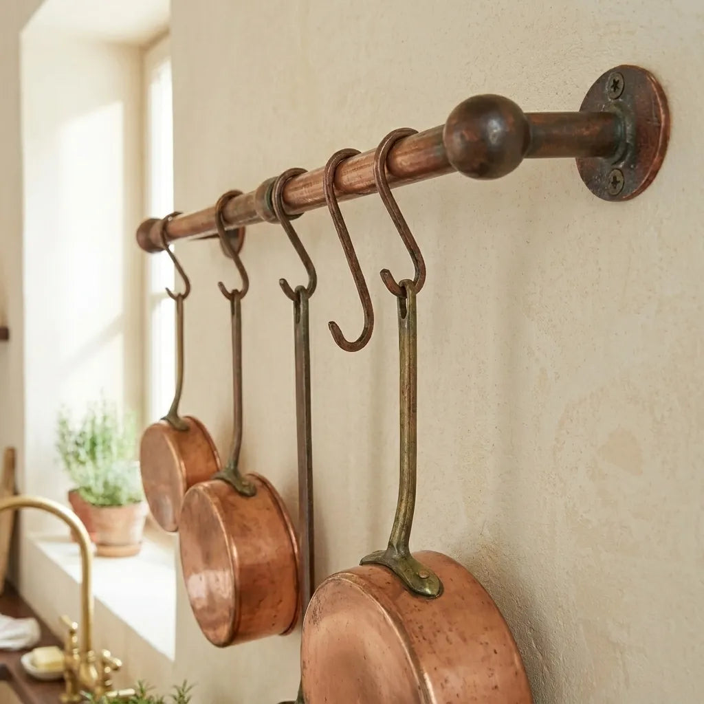 Rustic Copper Wall Pot Rail with S Hooks for Kitchen Storage