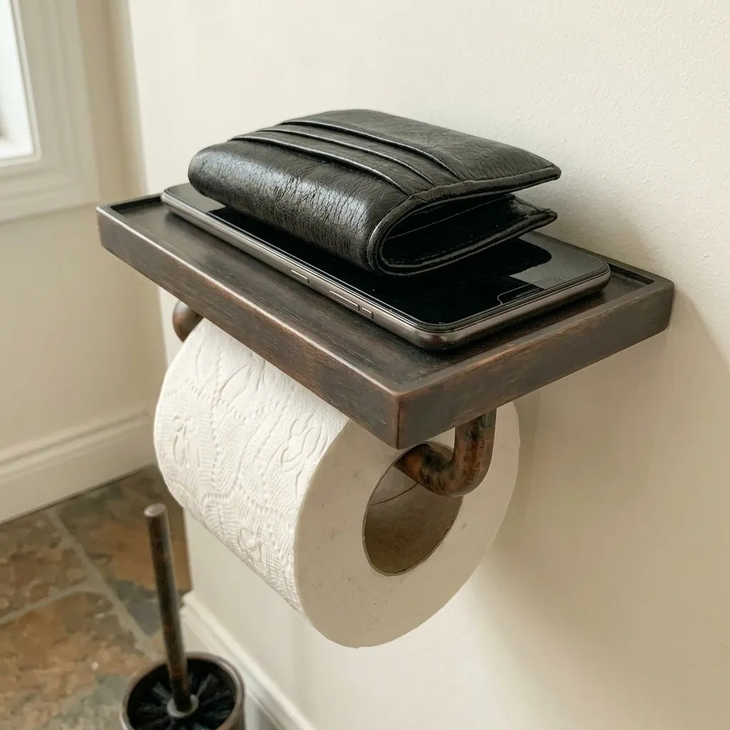 Vintage Copper Toilet Paper Holder with Phone Shelf