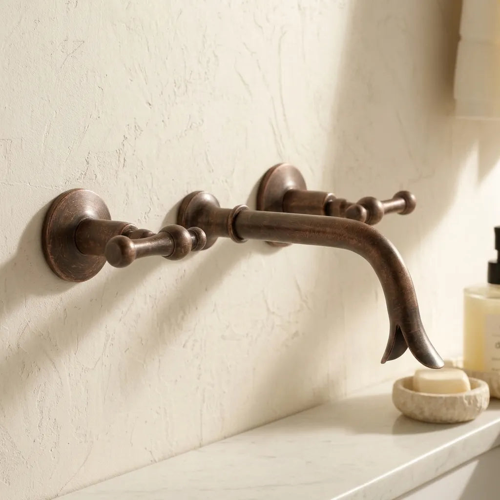 Handmade Patina Copper Wall Faucet with Dual Lever Handles