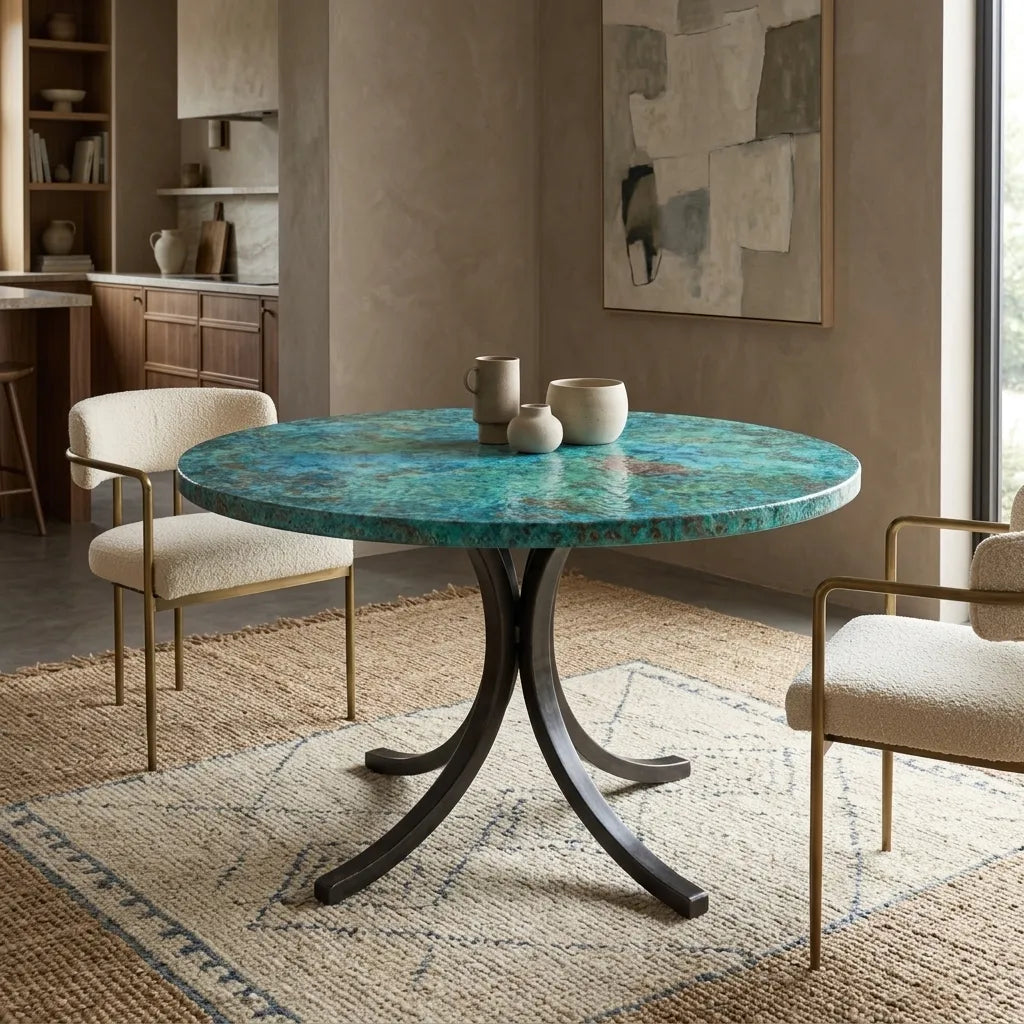 Verdigris Copper Coffee Table with Curved Artisan Base