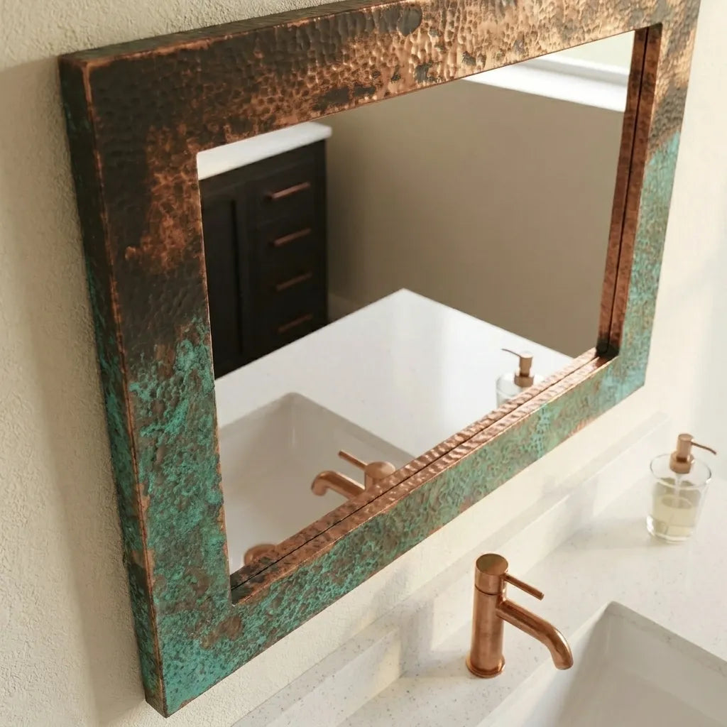 Verdigris Copper Bathroom Mirror – Hammered Rectangular Frame