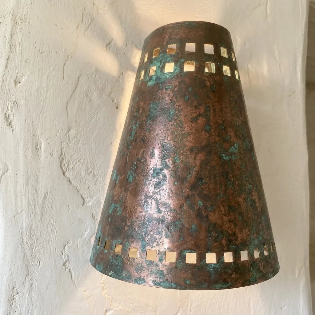 Verdigris Copper Cone Wall Sconce with Square Cutouts