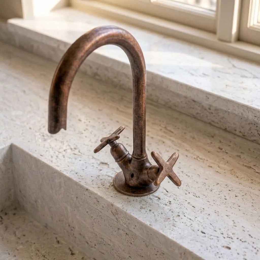 Rustic Aged Copper Vanity Faucet with Goose Neck Spout