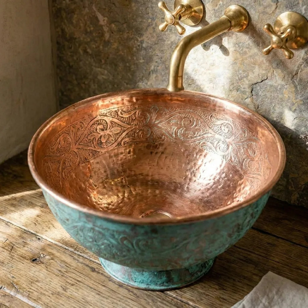 Engraved Verdigris Copper Vessel Sink – Rustic Vanity Bowl