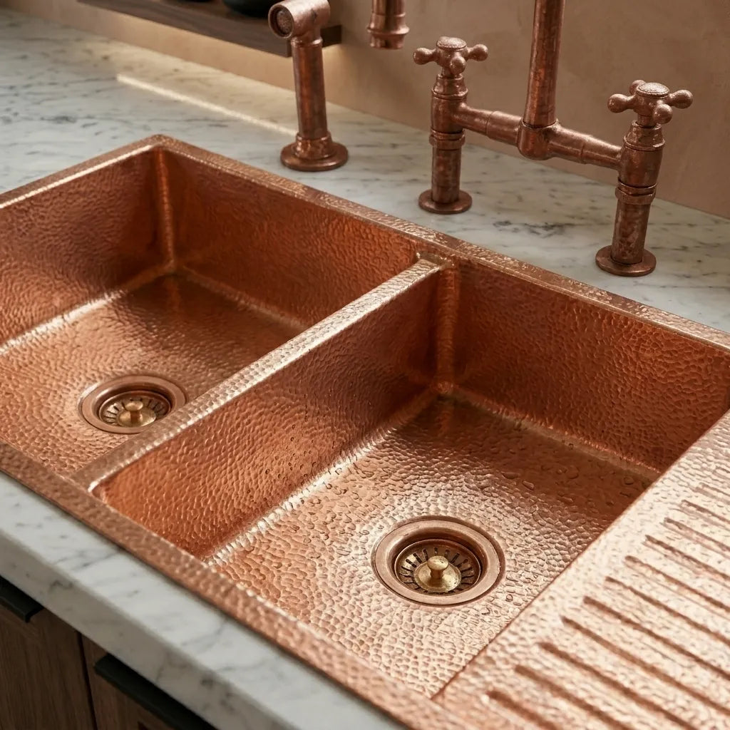Hammered Copper Double Bowl Kitchen Sink with Built-In Drainboard