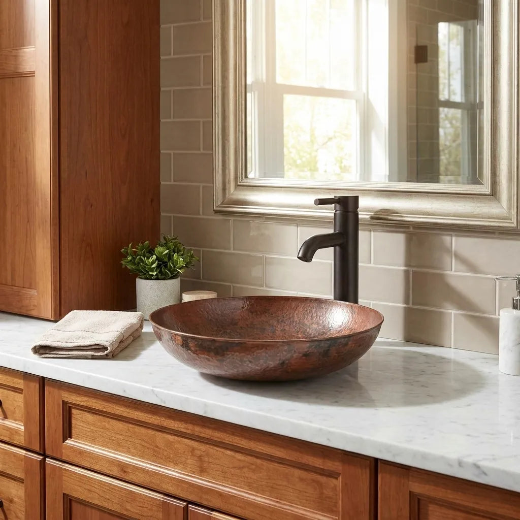 Handmade Hammered Copper Vessel Sink for Rustic Bathroom Vanity