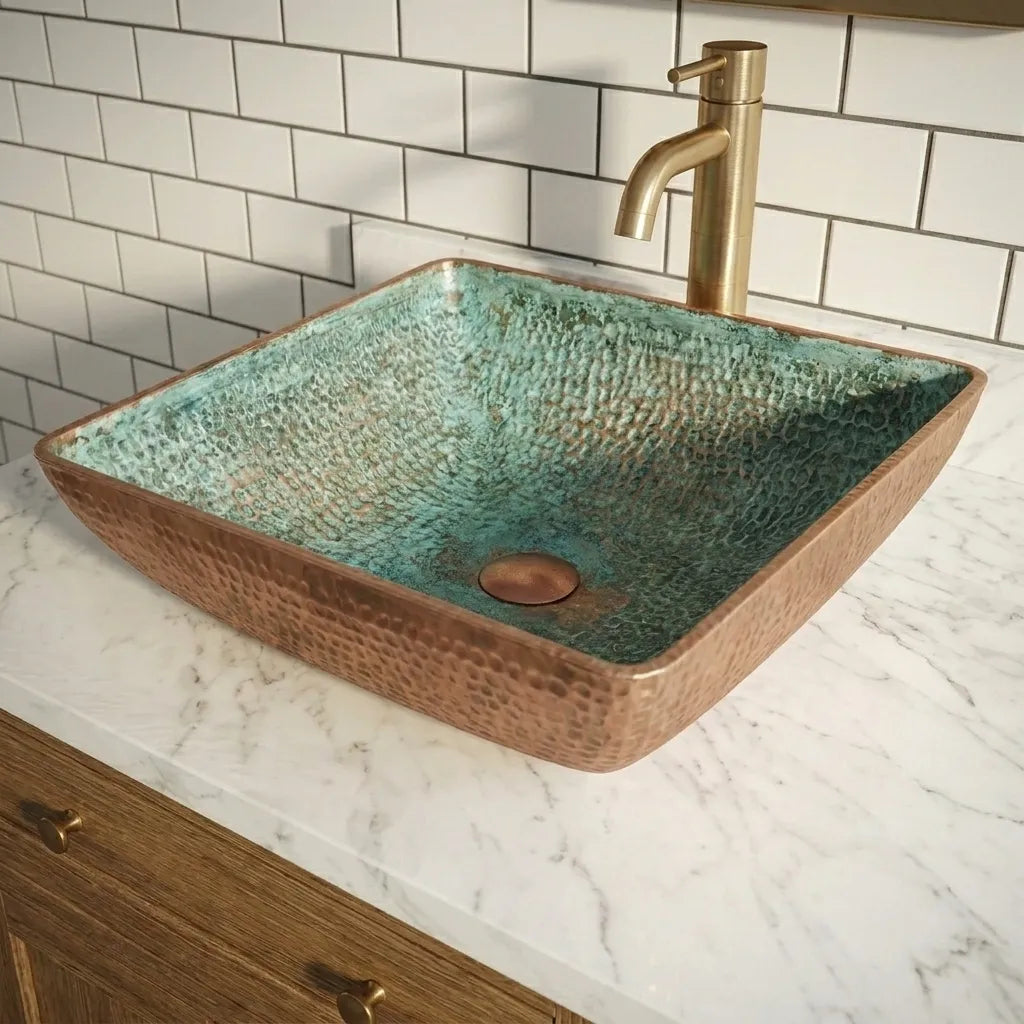 Handmade Oxidized Copper Vessel Sink – Square Hammered Bathroom Basin