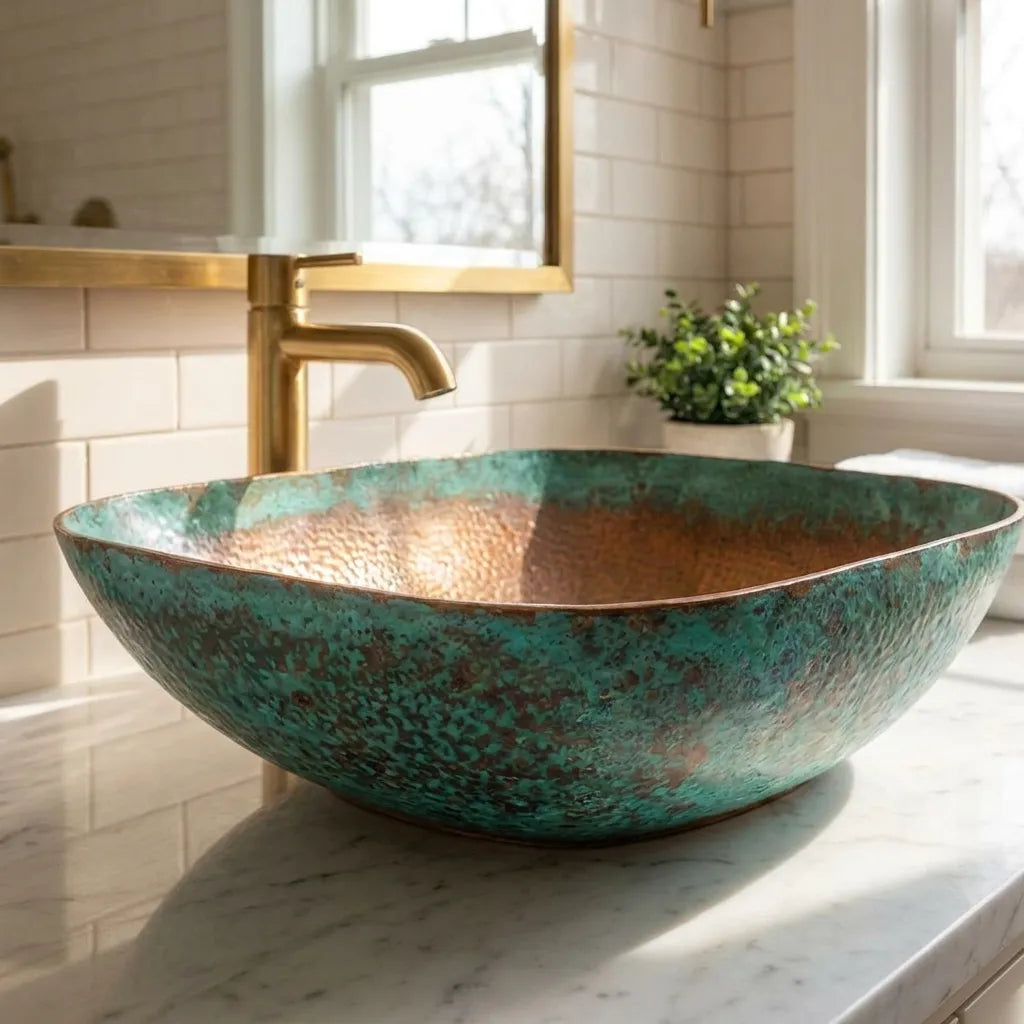 Oxidized Copper Vessel Sink with Rustic Hammered Patina Finish